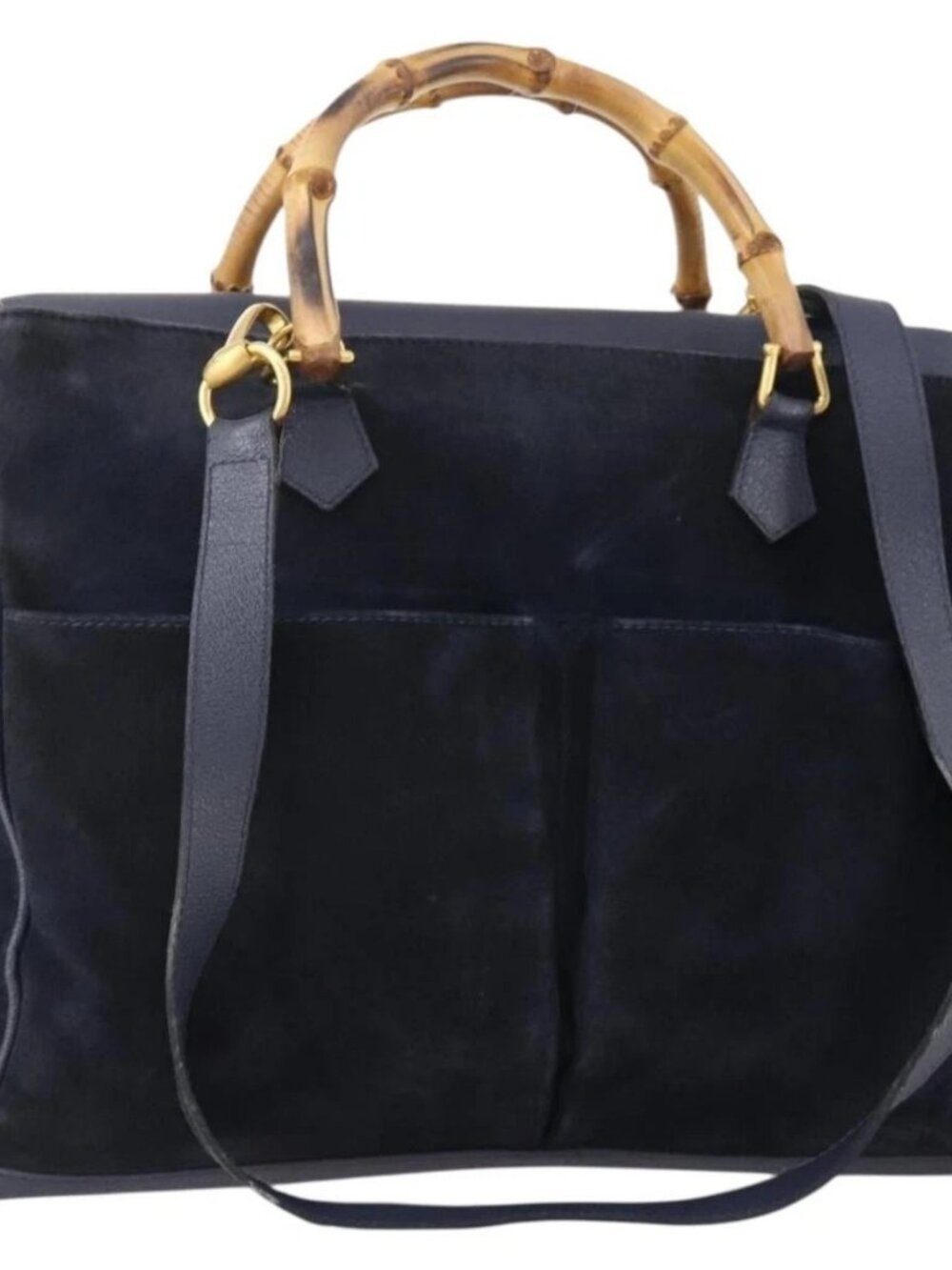 GUCCI Bamboo Hand Bag Suede 2way Navy Gold Auth